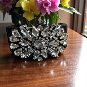 Statement Crystal Cuff Bracelet Black‎ Resin Bold Glam Sparkle Bangle Chic